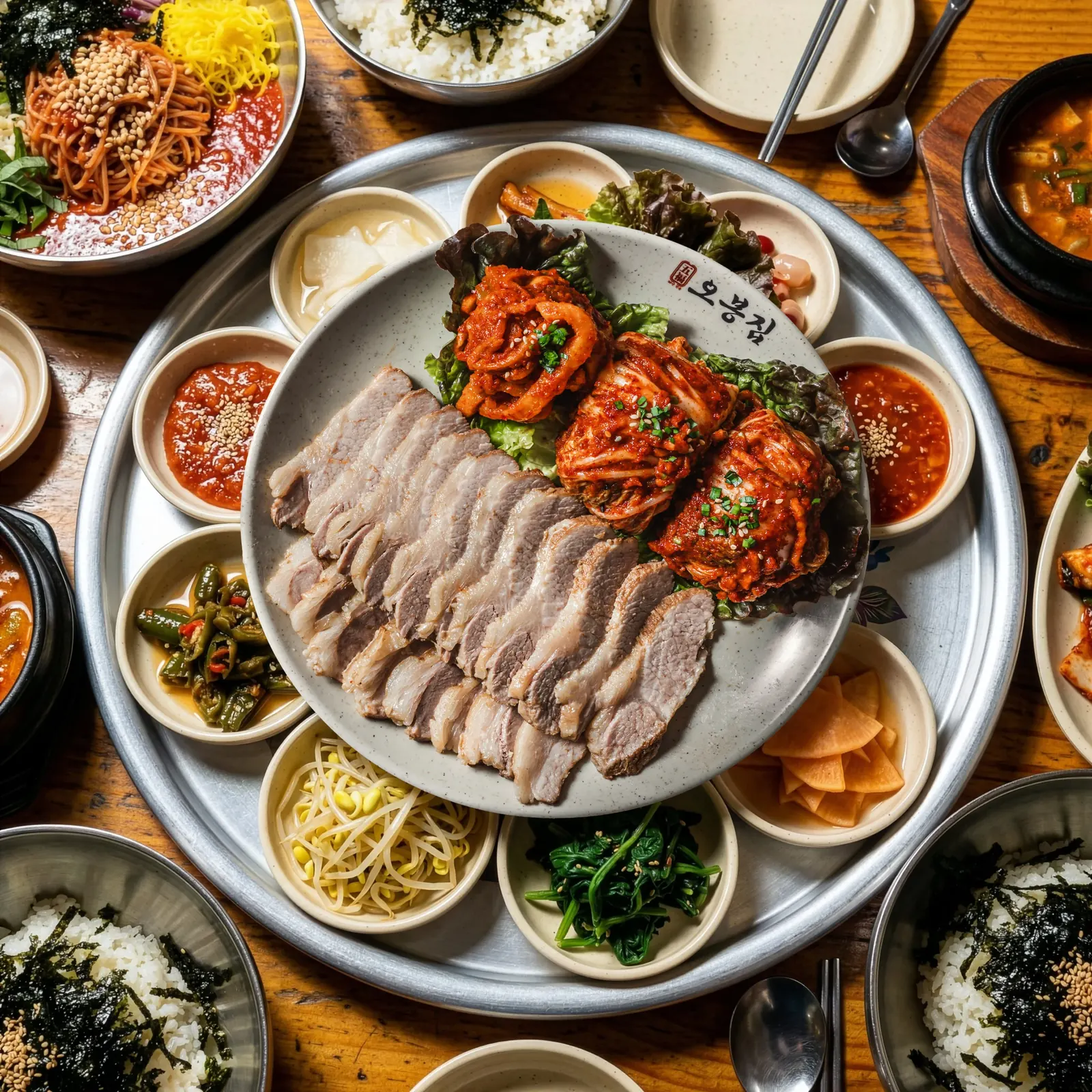 오봉집 로고가 새겨진 접시에 담긴 수육 보쌈과 곁들임 반찬 한상