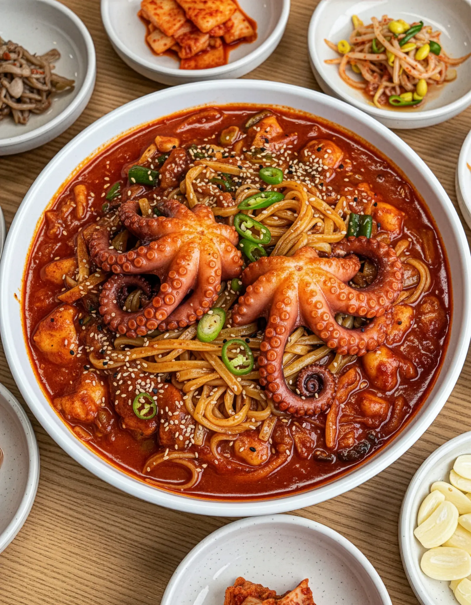 얼큰한 국물 위에 낙지 한 마리가 올라간 면 요리를 위에서 본 모습