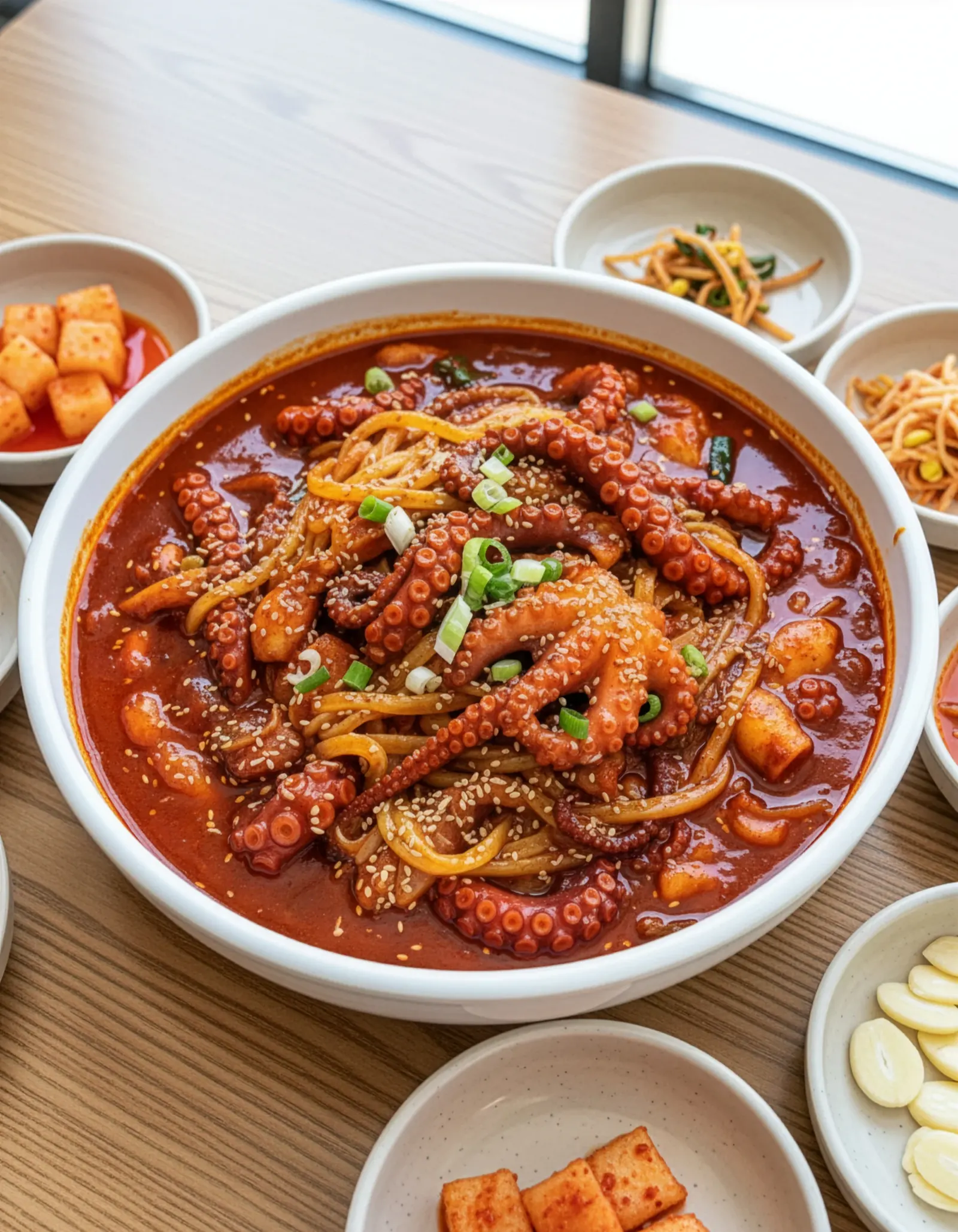 붉은 국물에 낙지가 들어간 오봉집 낙지 요리와 곁들임 반찬